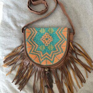 Earthbound Trading Company Brown Canvas Pleather Beaded Crossbody Fringed Bag